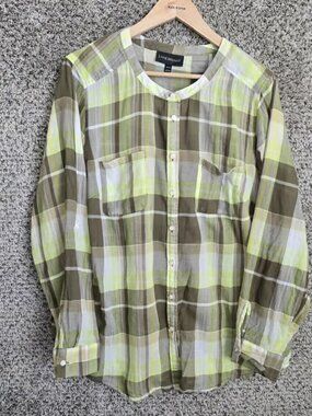 Lane Bryant Top Womens Plus 18/20 Green Plaid Semi Sheer Button Roll Tab Sleeve